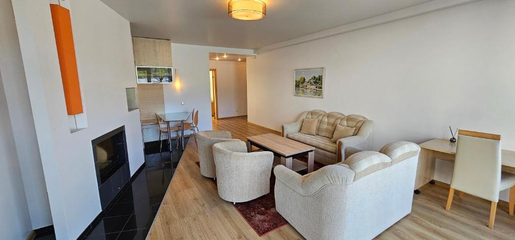 Wohnzimmer des Luxusapartments mit Kamin Wohnzimmer des Luxusapartments mit Kamin